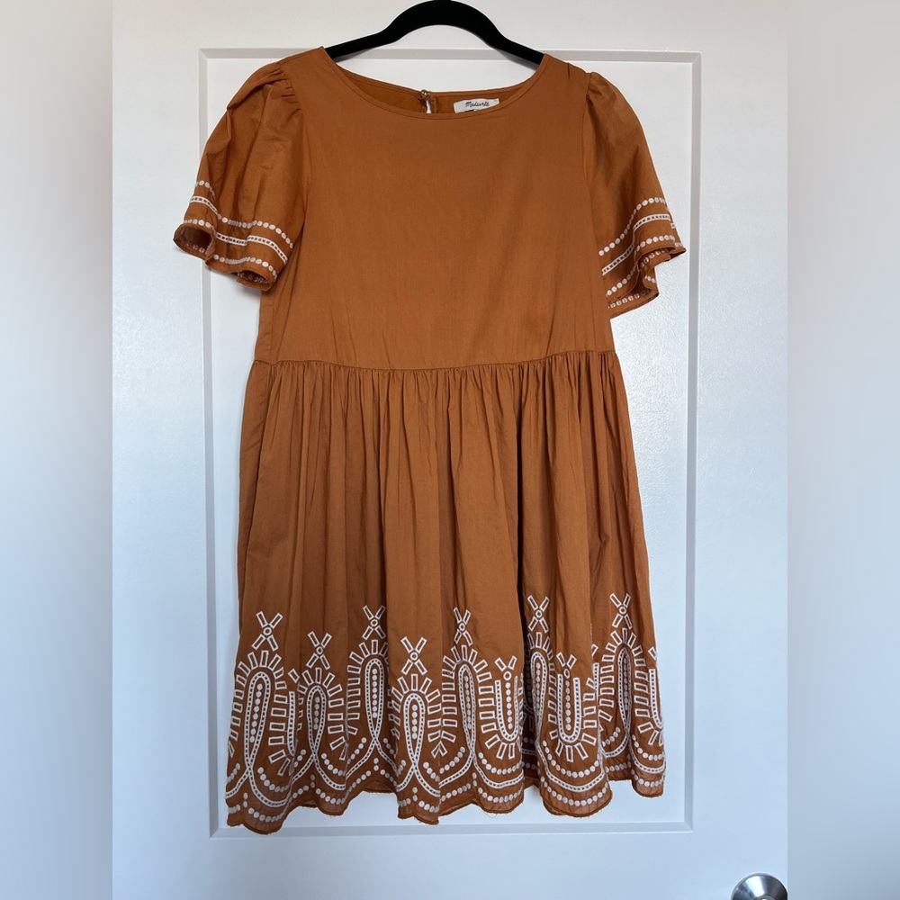 Madewell Rust Orange Cotton Babydoll Dress Embroidered Hem Puff Sleeve XS